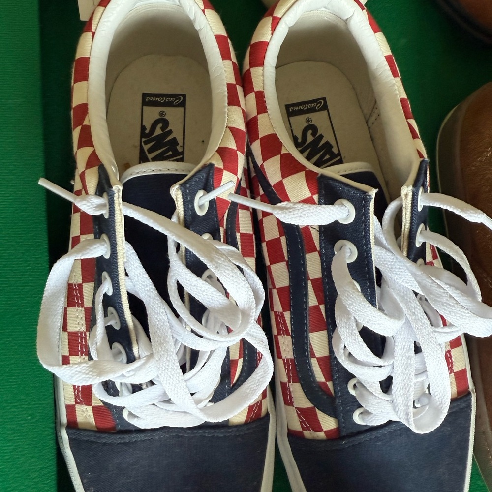 Vans Red and White Checkered Shoes with Navy Accents